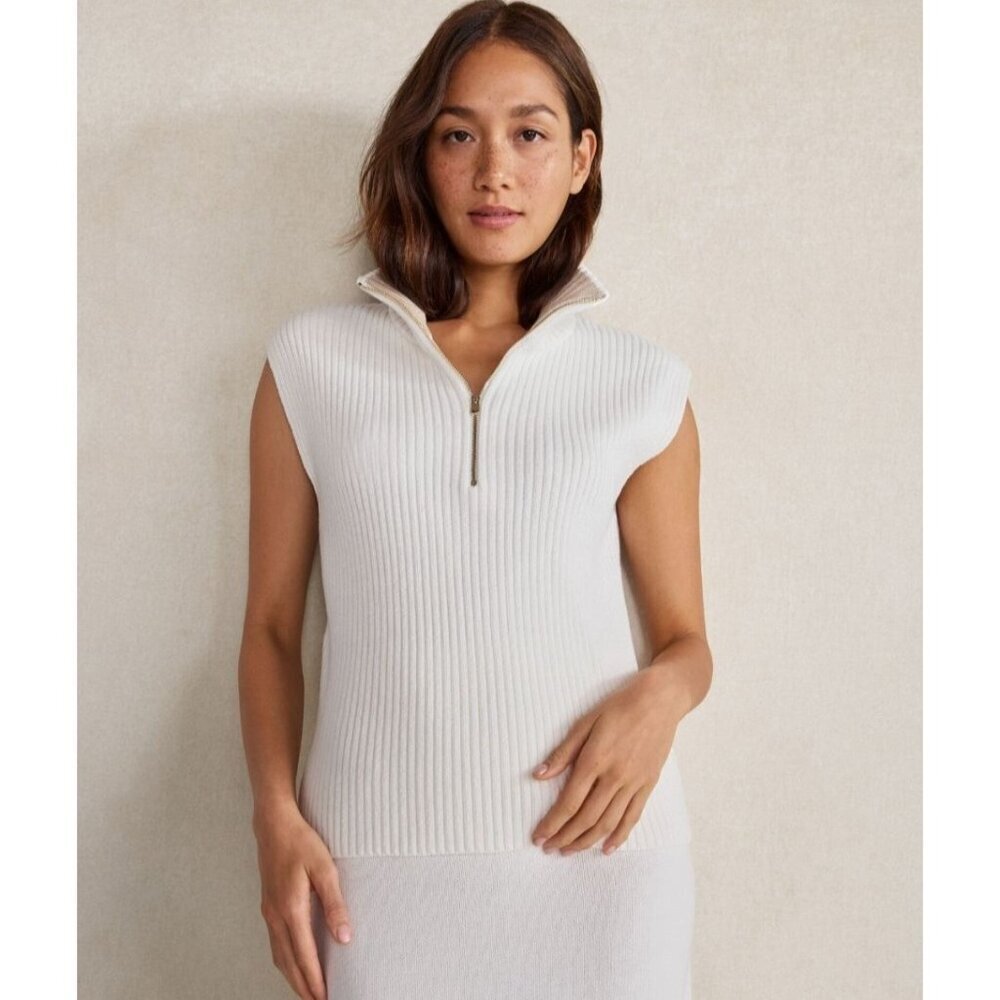 Haven Well‎ Within Organic Cotton Sleeveless Rib Knit Half-Zip Sweater XL White